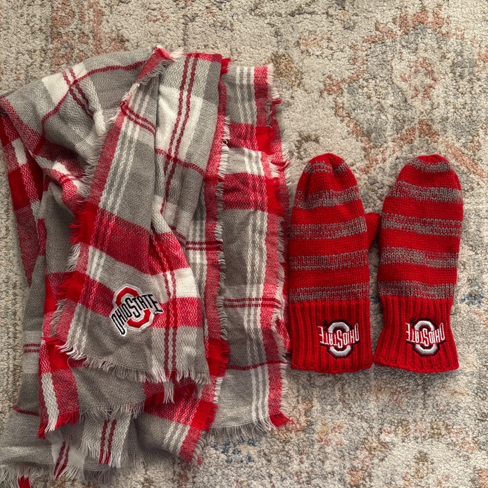 Ohio State Plaid Scarf and Mittens Set